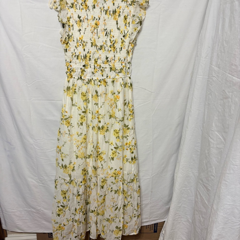 Joie Yellow and Cream Floral Maxi Smocked Bodice Dress with Flutter Sleeves - Picture 5 of 10